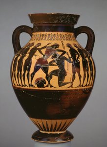 Attisk svart-figur amfora som viser Theseus og Minotaur observert av seks ungdommer (keramikk)