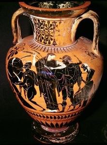 Loftsvase med svart figur som viser Synthos, Demeter, Hermes og båtmannen, ca. 535-540 f.Kr. (keramikk)