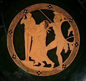 Loftskopp med rød figur som viser Cassandra jaget av Ajax som søker tilflukt av en xoanon fra Athena, ca. 430 f.Kr. (keramikk) av Greek