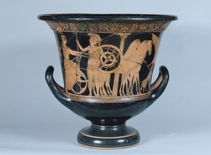 Attic rød-figur calyx krater som viser en hoplitt som drar til krigen (keramikk) (se også 223268)
