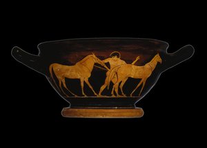 Lofts skyphos med rød figur, som viser Herakles og Mares of Diomedes (keramikk) av Greek