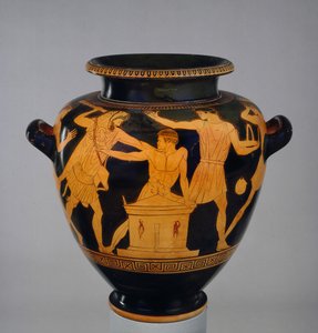 Attic rød-figur stamnos dekorert med Heracles og Busiris, kongen av Egypt, av en sen tilhenger av Berlin Maleren, fra Vulci, ca. 470-460 f.Kr. (keramikk)