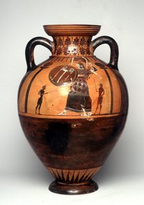 Svart figurvase som viser Athena med et skjold og spyd, 550 f.Kr. (keramikk) av Greek