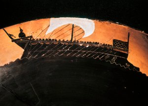 Antikk kopp med svart figur med representasjon av et gresk skip. 5. århundre f.Kr. BN, Paris. av Greek