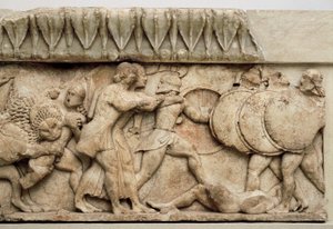 Gigantomachy: Cybeles løve sluker en gigant mens Apollo og Artemis kjemper mot kjempene, 525 f.Kr. av Greek
