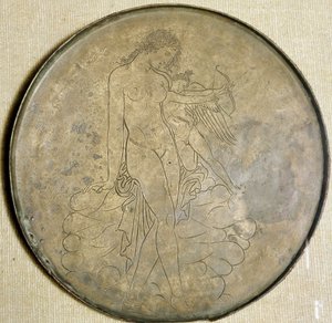 Gresk kunst: "" Afrodite og Eros"" Bronsespeil. 350 f.Kr., Louvre-museet av Greek