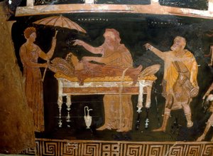 Gresk kunst: Vase of Arhemore: The Funeral of Arhemore (Opheltes) Maleri av maleren til Darius. Fra Ruvo. 4. århundre f.Kr. Nasjonalt arkeologisk museum, Napoli av Greek