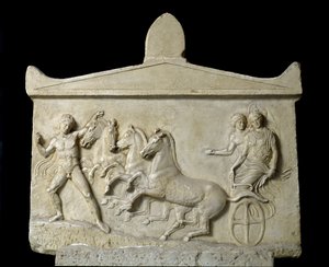 Gresk kunst: relieff dedikert til Hermes og nymfene: Quadrige of Echelos som fjerner Basilikum. 420-410 f.Kr. Athen, Nasjonalt arkeologisk museum av Greek