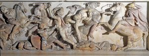 Gresk kunst: "" sarkofag av Alexander den store (356-323 f.Kr.)"" Utsikt over relieffene som representerer slaget ved Issos i 333 f.Kr. mellom grekerne og perserne. Fra den fønikiske nekropolisen i Sidon. 4. århundre f.Kr. Dim. 195 x 318 x167 cm Istanbul,  av Greek