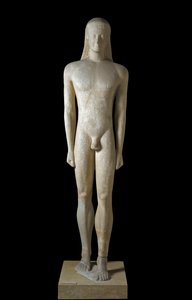 Gresk kunst: statue av Kouros, skulptur av ung mann fra den arkaiske perioden (650-500 f.Kr.), 530-520 f.Kr., Fra Melos, Dim. 1,94 m - Athen, Nasjonalt arkeologisk museum - Kouros - Arkaisk gresk skulptur (650-500 f.Kr.), fra Melos, 530-520 f.Kr. (H.194 cm