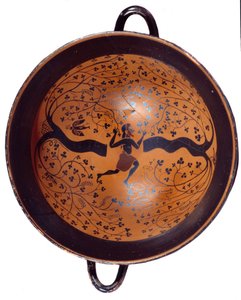 Gresk kunst: jonisk kopp i keramikk med svarte figurer kjent som "" kopp med fuglen"" En mann jakter på svaler. 550 f.Kr. Søn 0,23 m Paris, Musée du Louvre av Greek
