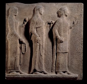 Gresk kunst: plakett av teorenes passasje: ansikt som representerer nådene. Lavt marmorrelieff fra øya Thasos i Hellas. 480 f.Kr. Paris, Louvre-museet av Greek