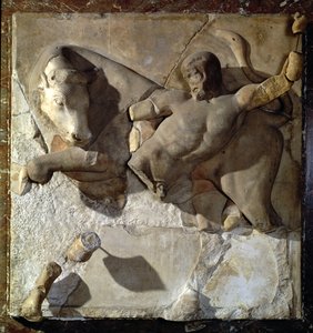 Hercules som kjemper mot den kretiske oksen, en av en serie på tolv metoper som skildrer Hercules