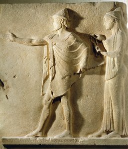 Hermes agoraios and a Charity, relieff fra the Passage of the Theores, fra Thasos, ca. 470 f.Kr. (marmor) (se også 346624)