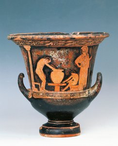 Krater som viser scene av keramiker i arbeid under blikket av Athena, keramikk med røde figurer fra Sicilia, Italia, Magna Graecia, 5. århundre f.Kr. (rød keramikk) av Greek
