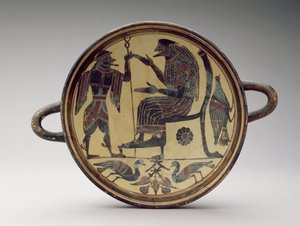 Lakonisk kylix-beger som viser Zevs og Hermes, ca. 550-530 f.Kr. (leire) (se også 288296 og 288298) av Greek