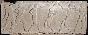 Marmorrelieffstrømper av en begravelseskouros som representerer seks idrettsutøvere. 510 -500 f.Kr. Fra akropolis Athen. Nasjonalmuseet for arkeologi, Athen av Greek