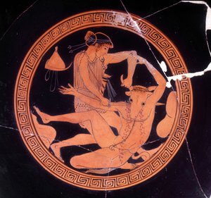 Minotaur drept av Thesee - gresk vase holdt på Museo Archeologico de Firenze. Interiør av pentikkoppen med røde figurer, maler av Dokimasia. 480 f.Kr. (Minotauro) av Greek