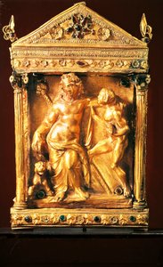 Naiskos med Dionysos beruset og satyr, lite tempel i hellenistisk stil med granater og smaragder fra Thessaly, 2. århundre f.Kr. (gull) av Greek