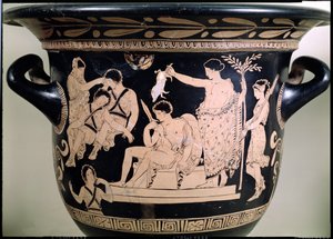Orestes som leverandør ved Apollo-helligdommen i Delphi, detalj fra et krater med rød figur på loftet, tilskrevet den apuliske Eumenides-malerens keramikkdetalj fra 92567 av Greek