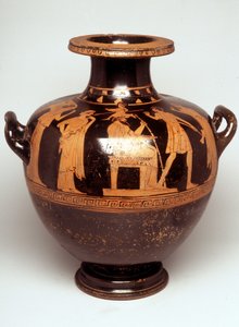 Maleri på vase: Representasjon av Jupiter (Zeus) avkortet i midten. Over hodet hennes vises Athena, hver hær (fødsel av Athena). Mot Zevs står Hephaistos. 470 f.Kr. BNF, Cabinet des Medailles. av Greek