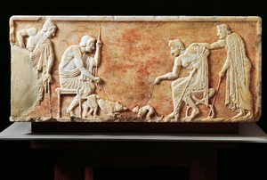 Stele som viser kamp mellom hund og katt, 510 f.Kr. (relieff) av Greek