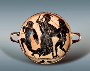 Trojansk krig: Gudinnen Athena sliter mellom Hector og Achilles. 6. århundre f.Kr. Kylix (drikkebeger) har svarte figurer i keramikk, Catalonias arkeologiske museum, Barcelona. av Greek