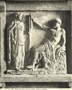 Zeus og Hera, metope fra Temple E i Selinunte, Sicilia (marmor) (s/hv-bilde) av Greek