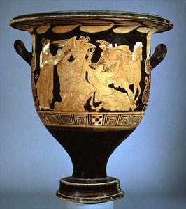 Lofts klokkekrater med rød figur som viser Boreas med Oreithya (keramikk) av Greek