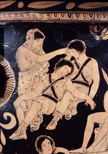 Loftskrater med rød figur som viser Orestes som suppliant ved helligdommen til Apollo i Delphi, tilskrevet den apuliske Eumenides-maleren, ca. 380 f.Kr. (keramikk) (detalj) av Greek School