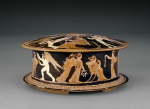 Attisk rødfigurpyxis dekorert med kvinner og eroter eller amoriner, nær Meidias-maleren, slutten av 500-tallet f.Kr. (keramikk) av Greek School