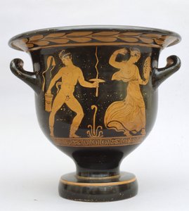 Klokkeformet proto-apuliansk krater med satyr og maenad fra Matera, Italia (keramikk) av Greek School