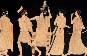 Athenas fødsel kommer ut av hodet til Jupiter (Zeus), maleri funnet i Vulci, red. Det 20. århundre.