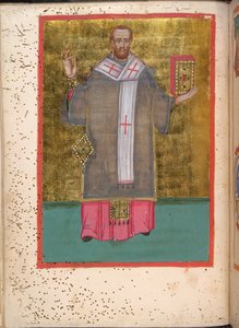 Egerton 2392, f.5v, Miniatyr av en stående John Chrysostom som holder en bok, fra 