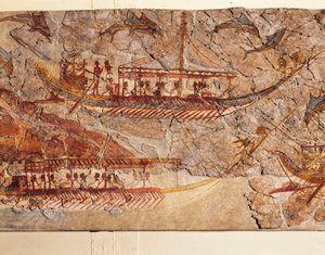 Fresco som viser skipsprosesjon, fra Akrotiri, Thera Island, Santorini, Hellas, detalj, skip