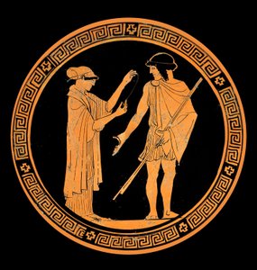 Galant samtale, dekorasjon av en keramikk med røde figurer. 5. århundre f.Kr. (keramikk) av Greek School