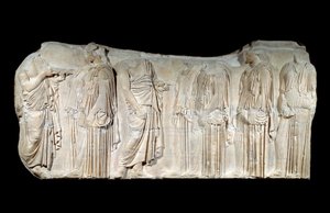 Gresk kunst: fragment av Parthenon-frisen: prosesjon av festen til De store Panathenees: autorisatorer og ergastiner. Klassisk periode. Paris, Louvre-museet av Greek School
