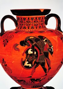 Gresk sivilisasjon, 6. århundre f.Kr. Keramikk med svarte figurer. Amfora som viser Ajax som bærer kroppen til Achilles. av Greek School