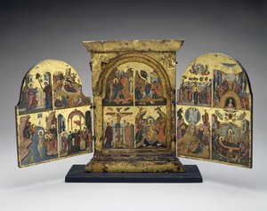 Oppdra av Lasarus; Innreise til Jerusalem; Korsfestelse; Descent of Christ into Hell (sentralpanel), andre halvdel av 1500-tallet (tempera med bladgull på tre) av Greek School