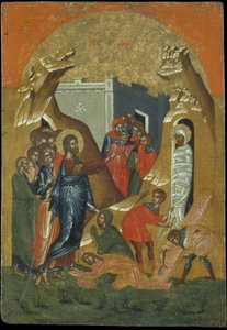 Resurrection of Lazar (eggtempera på panel) av Greek School