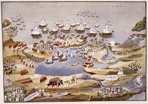 Siege and Naval Battle, plate 13 fra Pictorial History of the Greek Independence War of General Makryjannis av Greek School