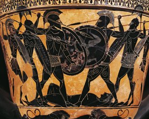 Gresk sivilisasjon, keramikk med svarte figurer, Krater som skildrer kampen om kroppen til Patroclus, Fra Farsala, Hellas