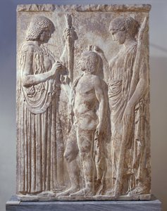 Marmorbasrelieff som viser Triad of Eleusinian Mysteries med Persephone, Demeter og Triptolemus, fra Eleusis av Greek School
