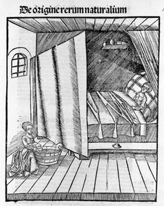 En jordmor renser den nyfødte babyen mens moren hviler. Gravering - i "" Margarita Philosophica"" av Gregor Reisch (1467-1525), Basel av Gregor Reisch