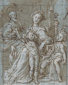 Hellig familie med spedbarnet St. Johannes døperen recto, beskårne skisser i stor skala..., 1590-92.