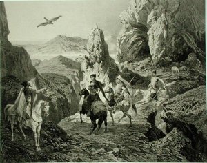 A Falcon Hunt nær Jerevan, Armenia, plate 20 fra en bok om Kaukasus, gravert av Eugene Ciceri (1813-90) og Adolphe Jean-Baptiste Bayot (1810-66), utgitt av Alfred Leon Lemercier, Paris