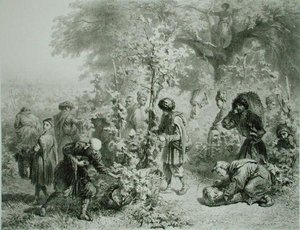 Druehøst i Kakhetie, Georgia, plate 30 fra en bok om Kaukasus, gravert av Eugene Le Roux (1807-63) utgitt av Alfred Leon Lemercier, Paris