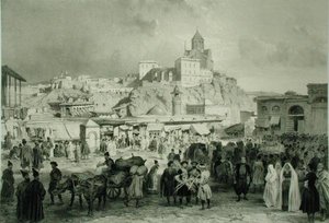 Basaren på Maidan Square, Tiflis, Georgia, plate 25 fra en bok om Kaukasus, gravert av Adolphe Jean-Baptiste Bayot (1810-66) og Eugene Ciceri (1813-90), utgitt av Alfred Leon Lemercier, Paris