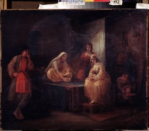 I rommet. Orientalistisk scene med Shamakha-dansere i Aserbajdsjan samlet i et harem. Maleri av Grigori Grigorievich Gagarin (1810-1893), olje på lerret, russisk kunst fra 1800-tallet. Statens georgiske kunstmuseum, Tbilisi (Georg av Grigori Grigorevich Gagarin