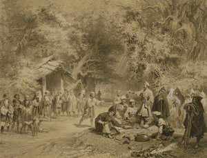 End of the Hunt, Mingrelia, plate 6 fra en bok om Kaukasus, gravert av Adolphe Mouilleron (1820-81) utgitt av Alfred Leon Lemercier, Paris, 1847 av Grigori Grigorevich Gagarin